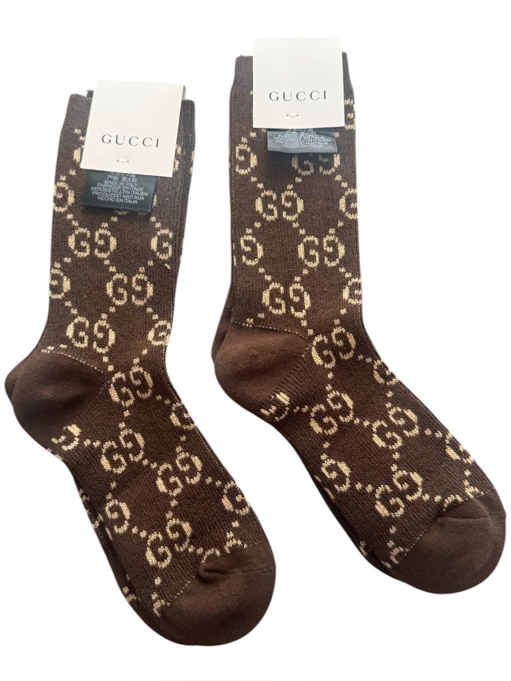 2 Pair Gucci Outlet GG Monogram Crew Socks — Brown &Gold